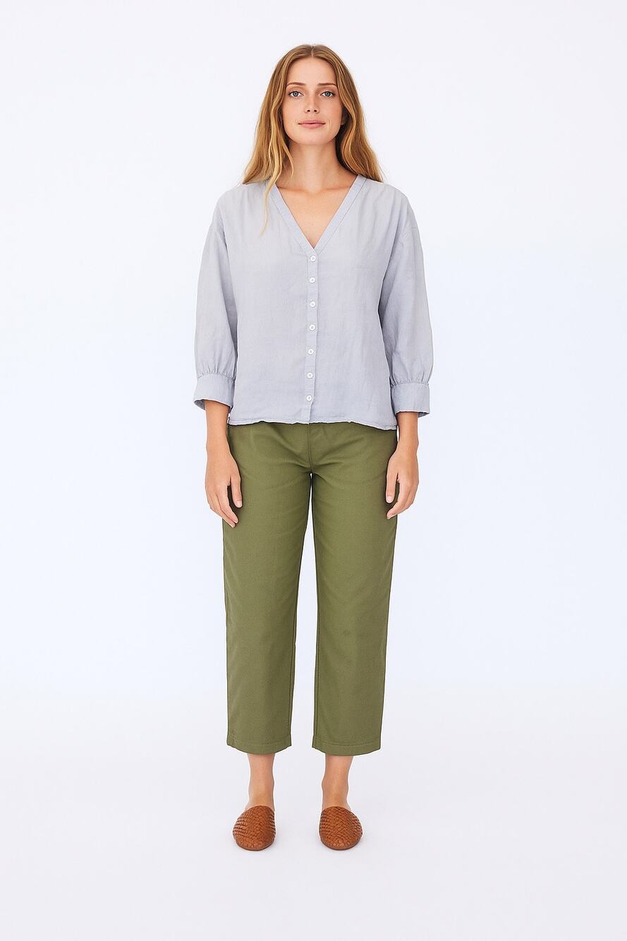 Esby Lauren Prairie Top Linen Sky Grey Gray Button Front Small USA Blouse